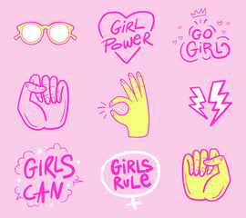 Stylish print for poster or t-shirt, Vector set of stickers and badges in simple style with hand-lettering phrases girl power, woman motivational slogans