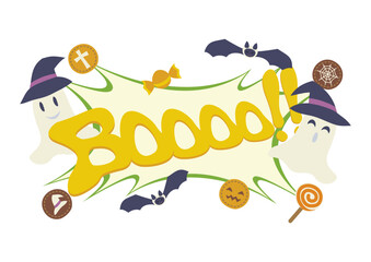 お化けとコウモリとお菓子が飛び出すハロウィンのかわいいフレーム・吹き出し／Booの文字、感嘆符