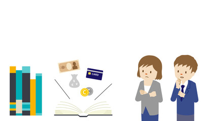 金融リテラシーのコンセプトイラスト・お金の知識を学ぶ男女（白背景・ベクター・切り抜き）