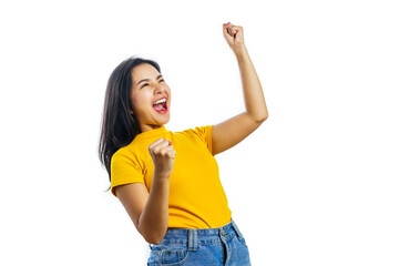 Pretty asian women soccer fans celebrating over white background isolated.