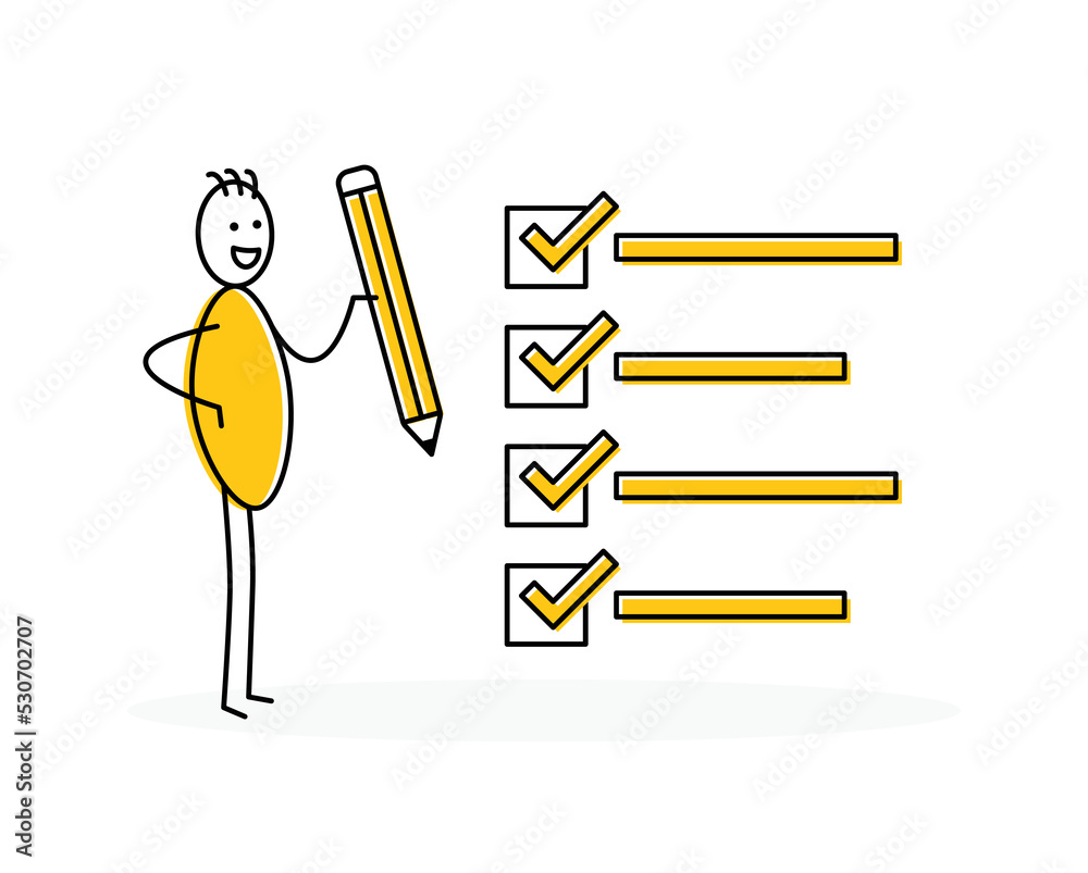 Fototapete stickman or stick figure tick checkmark on checklist vector illustration. successful completion of b