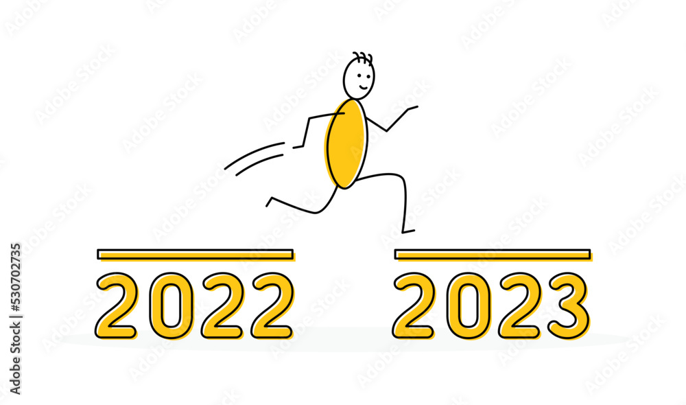 Poster stickman or person jumping from year 2022 to 2023 banner. vector illustration.