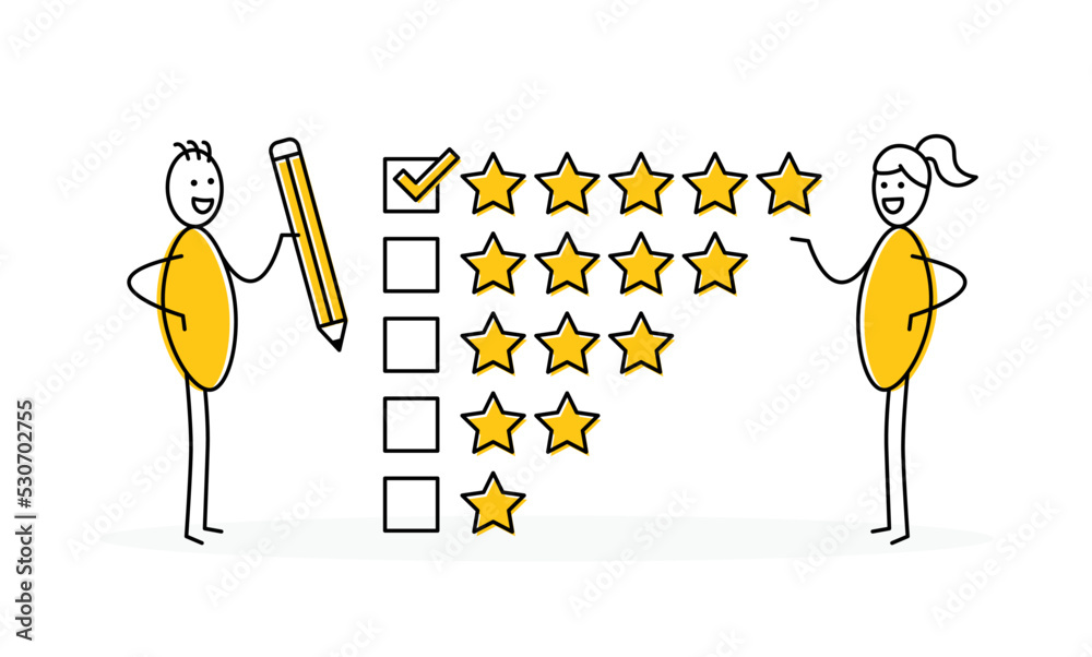 Poster customer stickman giving review or feedback 5 stars rating in thin line design. users experience sym