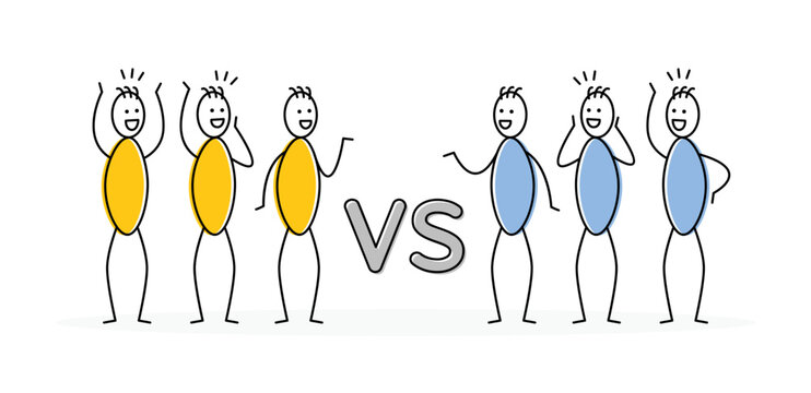 Group Of People Stickman Or Stick Figure Character. Team Yellow VS Team Blue. Vector Illustration.