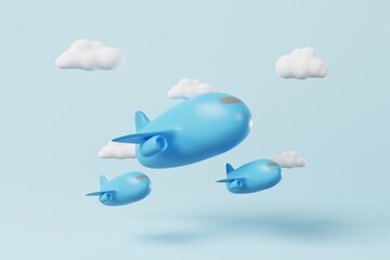 3D rendering three blue planes flying in the air with cloud. International travelling, Business trip concept