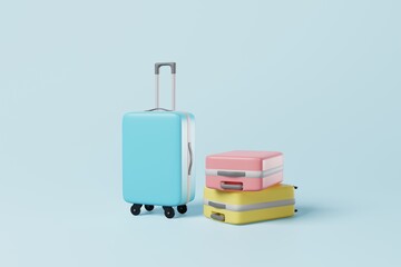 3D rendering blue luggage with stacking luggages on background. Family or business trip, travelling abroad concept