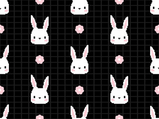 Rabbit cartoon character seamless pattern on black background.  Pixel style
