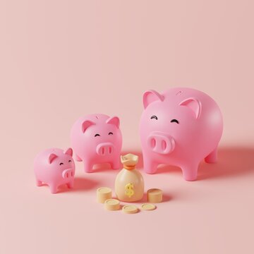 3D rendering piggy bank family with money coins, bag. Family financial, Money savings, Investment concept