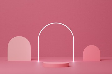 Pink cylinder podium on rough background with glowing neon light. Product cosmetic display promotion pedestal mockup. 3d rendering