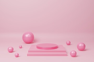 Pink cylinder on stair podium on pink background with balls. Product or cosmetic display promotion pedestal mockup. 3d rendering