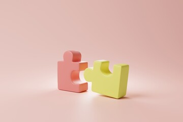 Colored puzzle jigsaw cube model on pink background. Teamwork, Business group symbol concept. 3d rendering