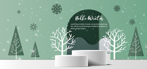 Winter sale product banner, 
podium platform with geometric shapes and snowflakes background, paper illustration, and 3d paper.