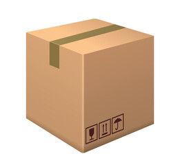 Cardboard brown box. Square closed container for packing and shipping parcels or orders. Design element for websites and mail apps. Realistic isometric vector illustration isolated on white background