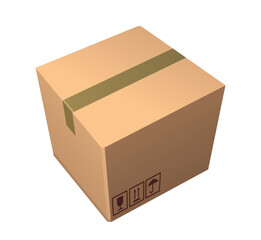 Cardboard brown box. Closed packaging for delivery of orders with tape and signs. Design element for delivery or mail service. Realistic isometric vector illustration isolated on white background