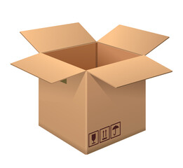 Cardboard brown box. Mockup or package layout for parcels. Open container. Design element for promotional posters and websites. Realistic isometric vector illustration isolated on white background