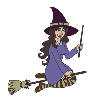 Witch for halloween flying on a broom. Vector illustration isolated on white background.