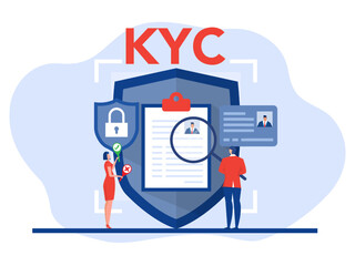 KYC or know your customer with business verifying the identity of its clients concept at the partners-to-be through a magnifying glass Idea of business identification and finance safety. 