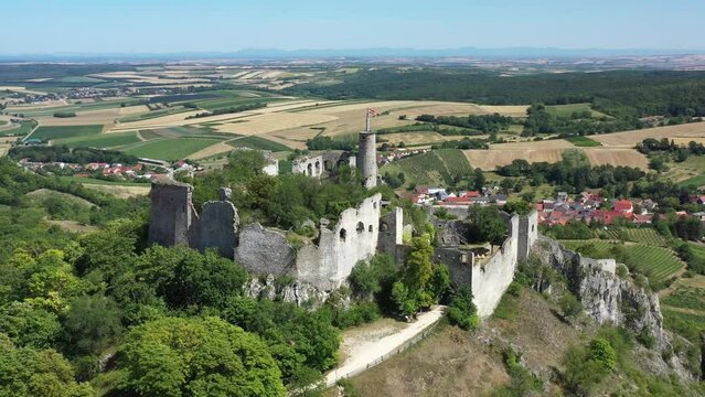 Aerial View Of Burgruine Falkenstein, Falkenstein Castle In Weinviertel, Lower Austria.