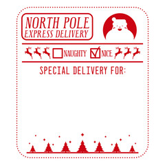 North pole express delivery. Xmas design for a personalized gift bag from Santa Claus for nice kids. Template for christmas handmade gifts. Vector illustration.