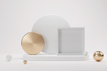 3d rendering luxury white pedestal and gold modern geometry element on white background for product display mockup scene