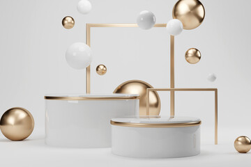3d rendering luxury white pedestal and gold modern geometry element on white background for product display mockup scene