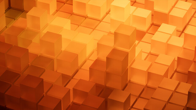 Orange and Yellow, Translucent Cubes Perfectly Constructed to create a Modern Tech Background. 3D Render.