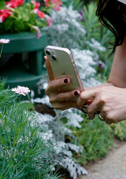 Woman taking photo of a flower with an Iphone in Singapore, Singapore on August 12, 2022