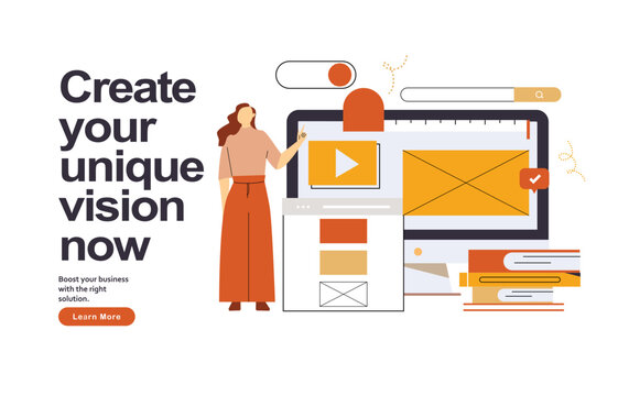 Web page design template for designing and programming vector illustration. Woman working on mobile application, coding and prototyping web page. Web landing page design	