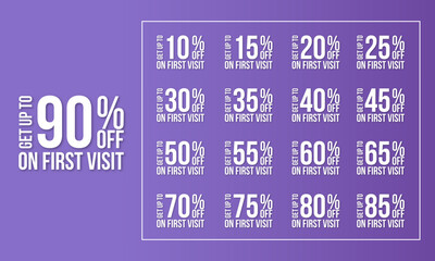 Set of number special discount get up to on first visit 10, 20, 30, 40, 50, 60, 70, 80, 90 percent off