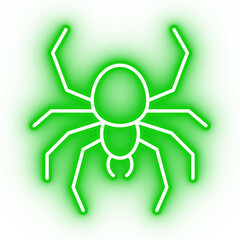 Neon green spider icon, illustration of neon glowing spider with transparent background