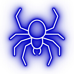 Neon blue spider icon, illustration of neon glowing spider with transparent background