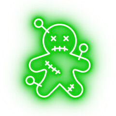 Neon green voodoo doll icon, illustration of neon glowing voodoo doll with transparent background