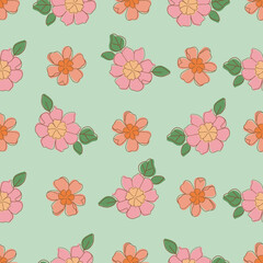 retro vector seamless pattern texture vintage style pink green flowers and leaf great for wallpaper background fabric projects. 