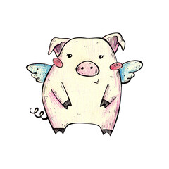 Fototapeta premium pig angel. doodle drawing with watercolor pencils. for printing postcards, stickers, prints, posters. children's book illustration.