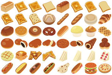 人気のパンアイコン・イラスト（食パン、フランスパン、コッペパン、サンドイッチ）