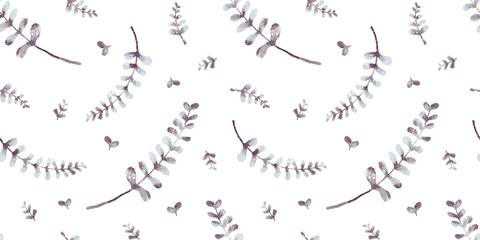 Watercolor hand drawn seamless pattern with delicate natural illustration of branches, fern twigs, herbs, foliage, leaves and tropical plant. Floral wedding elements isolated on white background.