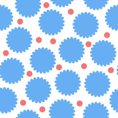 Seamless pattern of red balloons and blue daisies on a white background for textile. Geometric two-tone pattern.