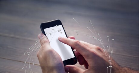 Composition of network of digital connections over person using smartphone with blank screen