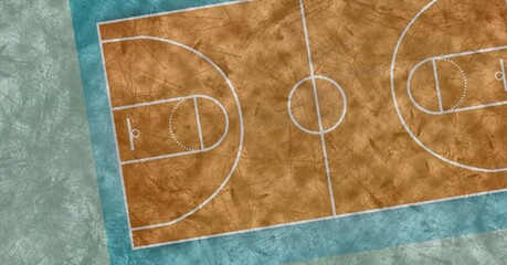 Composition of brown and blue basketball court overhead view over textured background © vectorfusionart