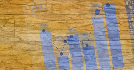 Samenstelling van blauwe staaf- en lijngrafieken over gestructureerde gele muurachtergrond