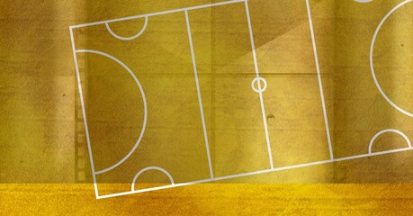 Composition of white line basketball court grid overhead view over textured yellow wall background