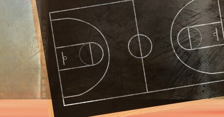 Composition of black and white basketball court overhead view over textured grey and pink background © vectorfusionart
