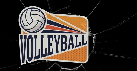 Composition of orange, white and black volleyball logo design with ball, on broken glass and black