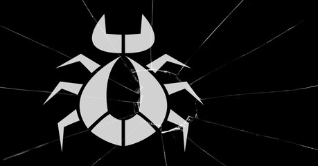 Composition of white beetle logo design on broken glass and black