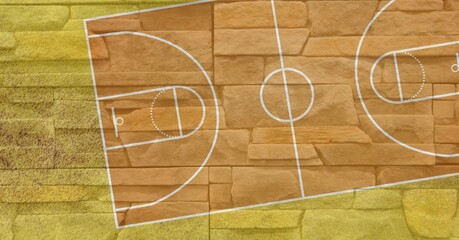 Composition of basketball court over yellow grunge distressed background