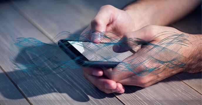 Composition of dna strand over person using smartphone with blank screen