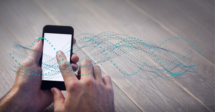 Composition of dna strand over person using smartphone with blank screen