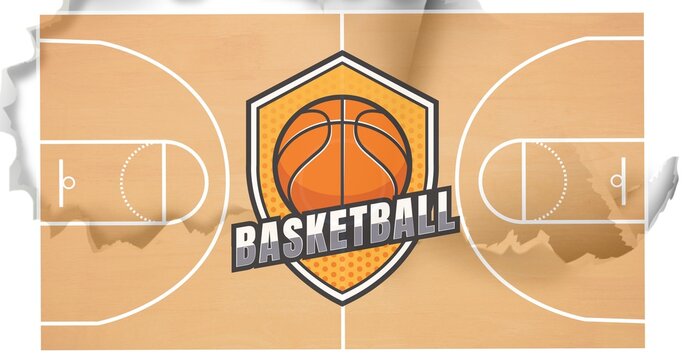Composition of basketball sign with basketball over basketball court and distressed white background