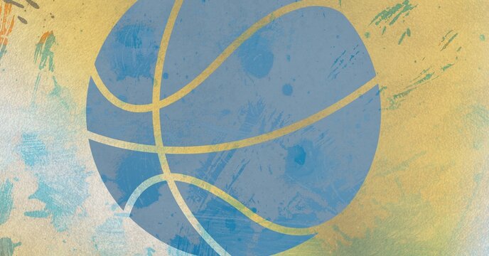 Composition of blue basketball ball stencil design over textured yellow concrete wall background