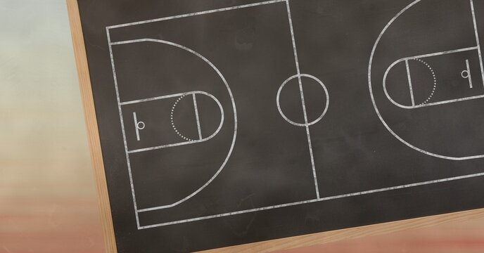 Composition of black and white basketball court overhead view over grey and brown background
